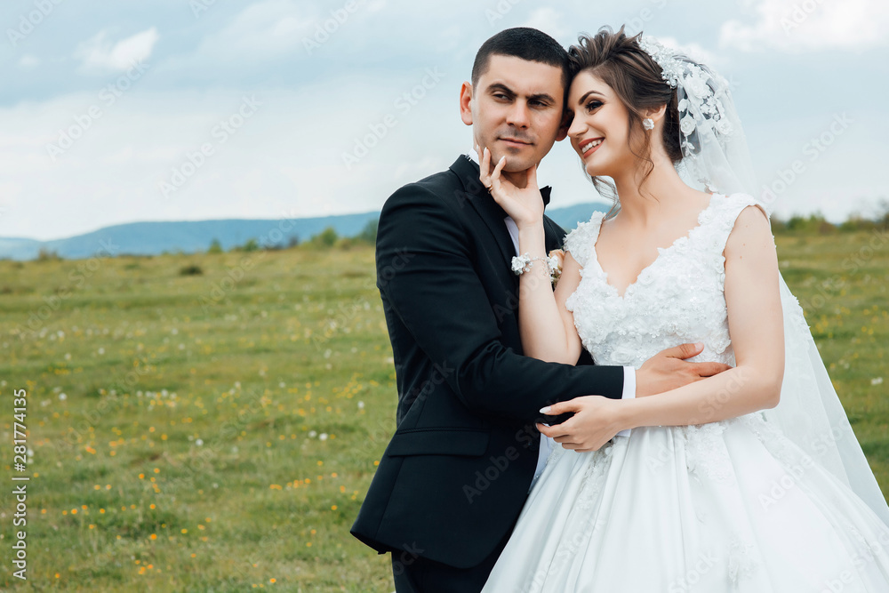 Just married loving couple in wedding dress and suit on green field. Happy bride and groom. Elegant hairstyle and makeup. Wedding photography. Green background.