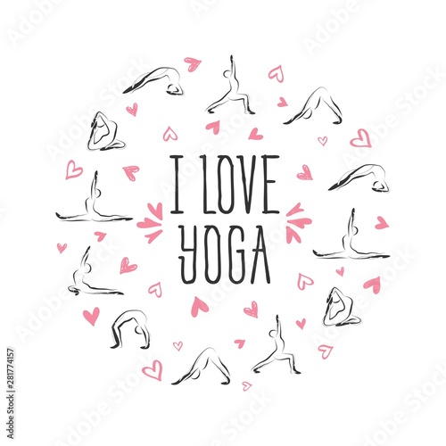 Yoga poses in shape of a circle.Ideal for greeting cards  wall decor  textile design and much more.
