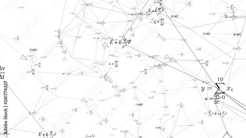 Geometric formulas with fast and smooth movement on a white background. Formulas and symbols floating in 3D space with a cool design. Geometric formulas with fast and smooth movement on a white background. Formulas and symbols floating in 3D space with a cool design.