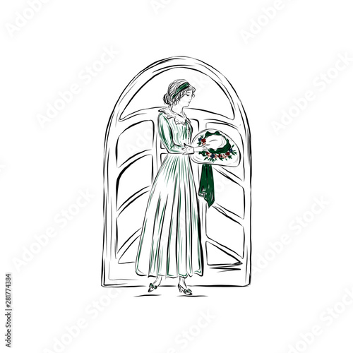 woman holds straw hat decorated with satin ribbon ,nineteenth century style illustration of people