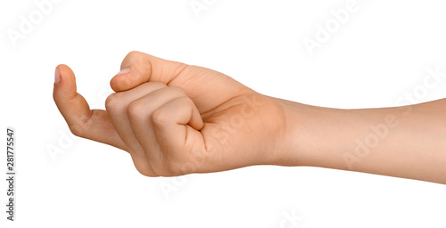 Child's hand shows crooked finger and beckon someone to come nearer or follow. Isolated on white background.