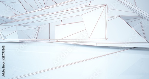 Abstract architectural white interior of a minimalist house with large windows. Drawing. 3D illustration and rendering.