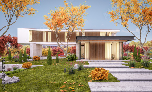 3d rendering of modern house on the hill with pool in autumn evening