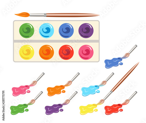 Brushes and paints isolated on white background. Vector illustration of colored palette in cartoon flat style. Brush is dipped in paint. Supplies for drawing.