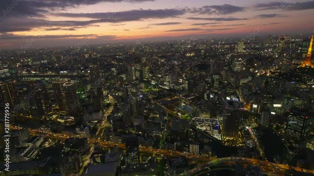 Aerial view of city of Tokyo at sunset, Japan