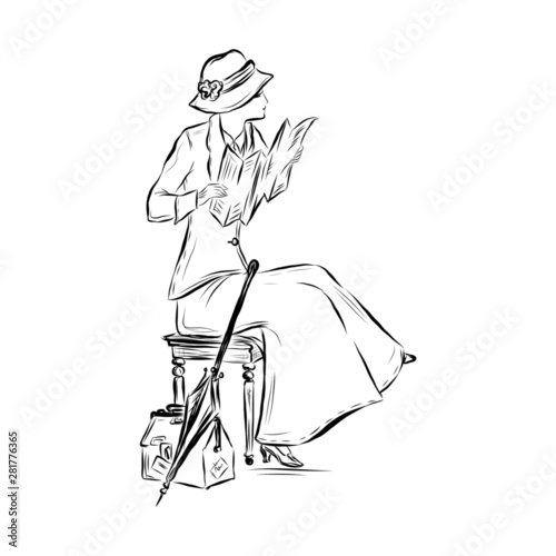 woman sitting on a bench and reading a book ,nineteenth century style illustration of people