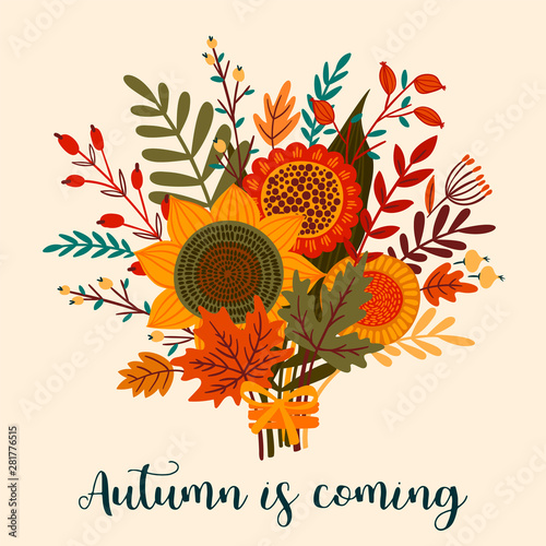 Cute illustration with autumn bouquet. Vector template for card, poster, flyer, cover and other use.