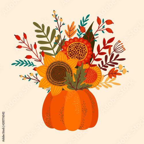 Cute illustration with autumn bouquet. Vector template for card, poster, flyer, cover and other use.