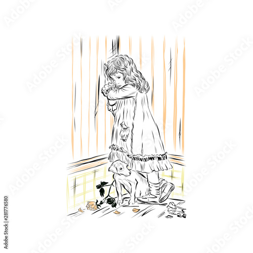 offended girl stands in the corner and cries next to her puppy ,nineteenth century style illustration of people