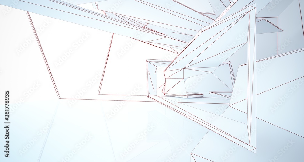 Abstract architectural white interior of a minimalist house with large windows. Drawing. 3D illustration and rendering.