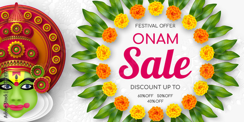 Onam sale promotion banner decorated floral wreath with Kathakali dancer. South India Kerala traditional festival discount offer. Vector illustration.