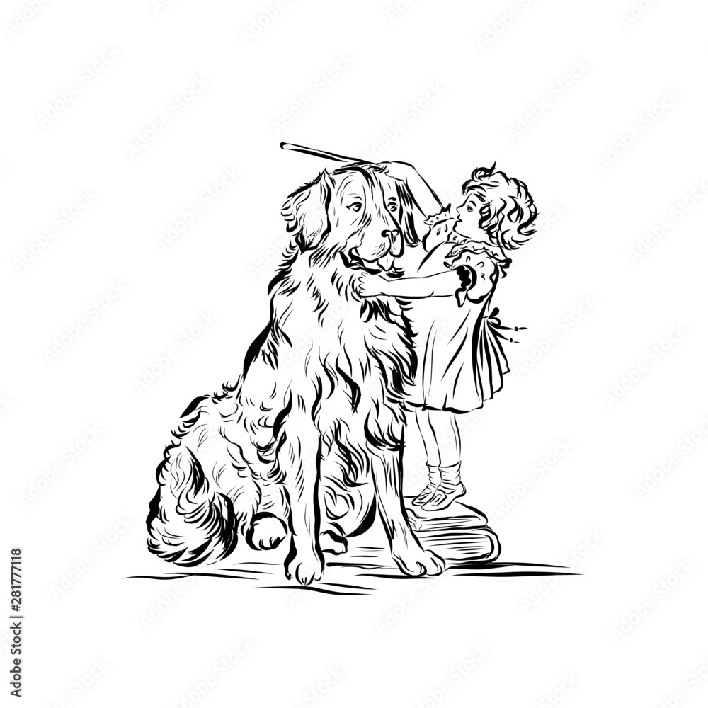 Obraz premium boy cuts his dog, nineteenth century style illustration of people
