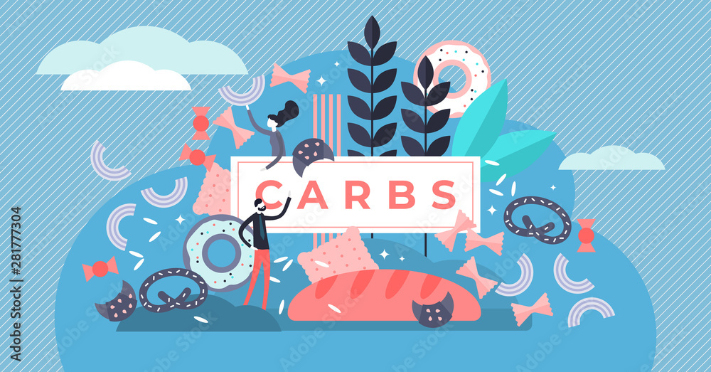 Carbs vector illustration. Flat tiny sugar and wheat food persons concept. - obrazy, fototapety, plakaty 