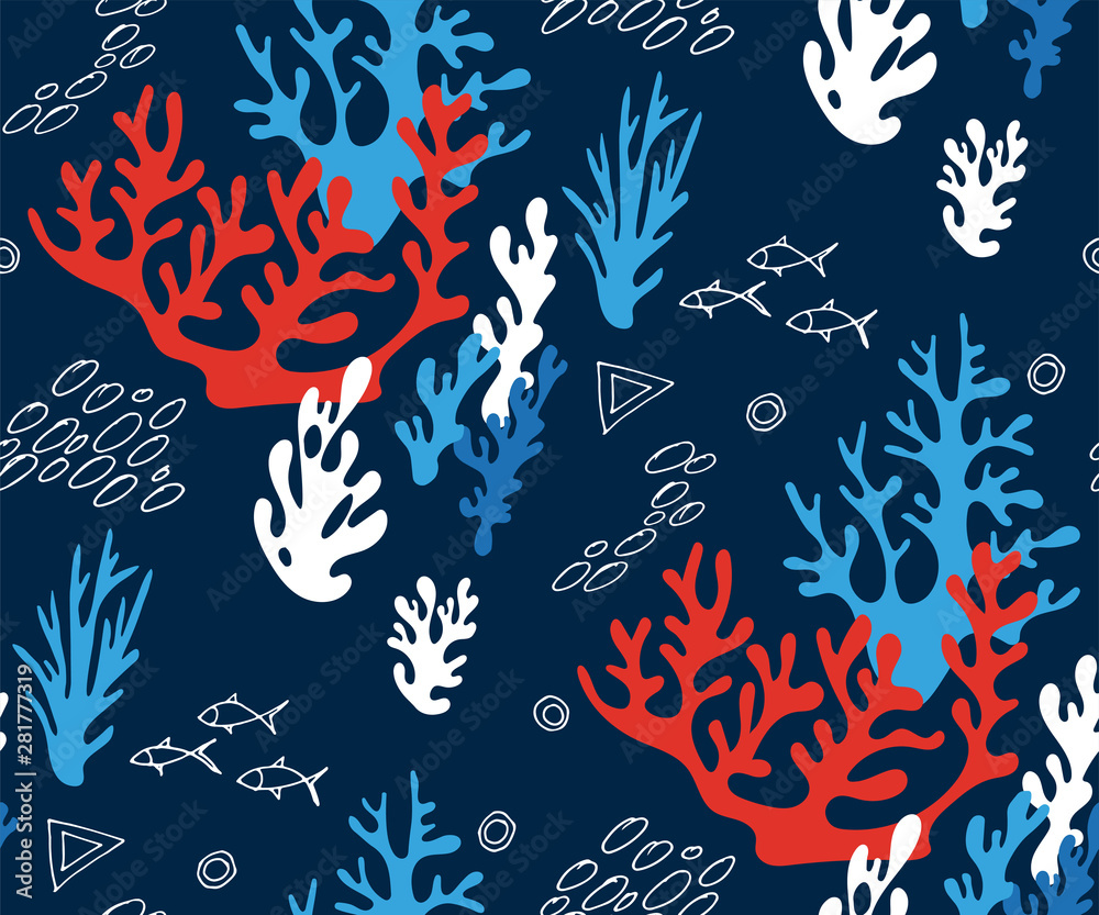 Hand drawn underwater natural ocean elements. Seamless pattern with reef corals. Vector sketch