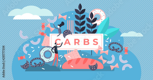 Carbs vector illustration. Flat tiny sugar and wheat food persons concept.