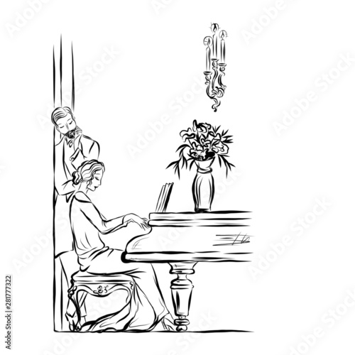 man gives piano lesson to a young beautiful woman. nineteenth century style illustration of people