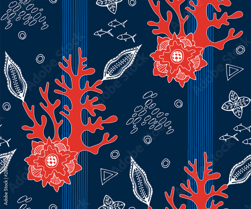 Hand drawn underwater natural ocean elements. Seamless pattern with reef corals. Vector sketch