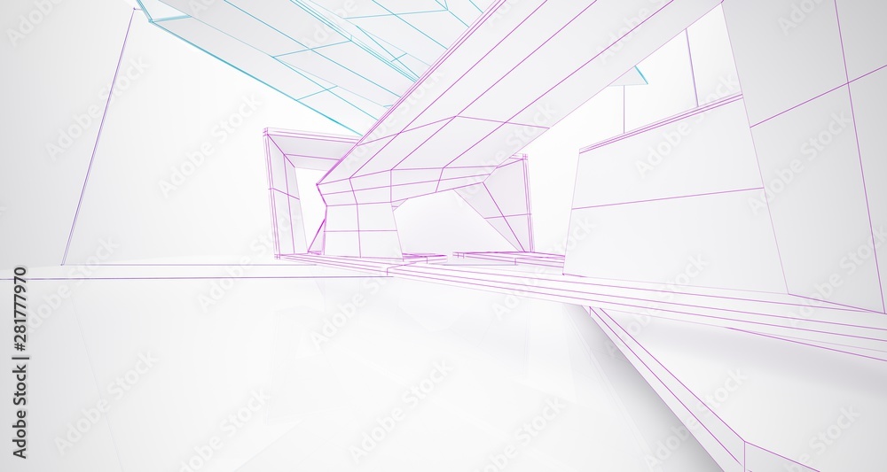 Abstract architectural white interior of a minimalist house with large windows. Drawing. 3D illustration and rendering. Abstract architectural white interior of a minimalist house with large windows. Drawing. 3D illustration and rendering.