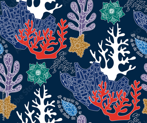 Hand drawn underwater natural ocean elements. Seamless pattern with reef corals. Vector sketch