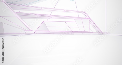 Abstract architectural white interior of a minimalist house with large windows. Drawing. 3D illustration and rendering.