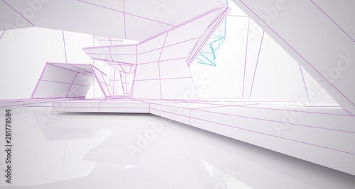 Abstract architectural white interior of a minimalist house with large windows. Drawing. 3D illustration and rendering.