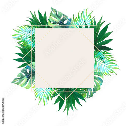 Watercolor tropical frame. Wedding invitation. Exotic plants. Green foliage, monstera. Summer Postcard.