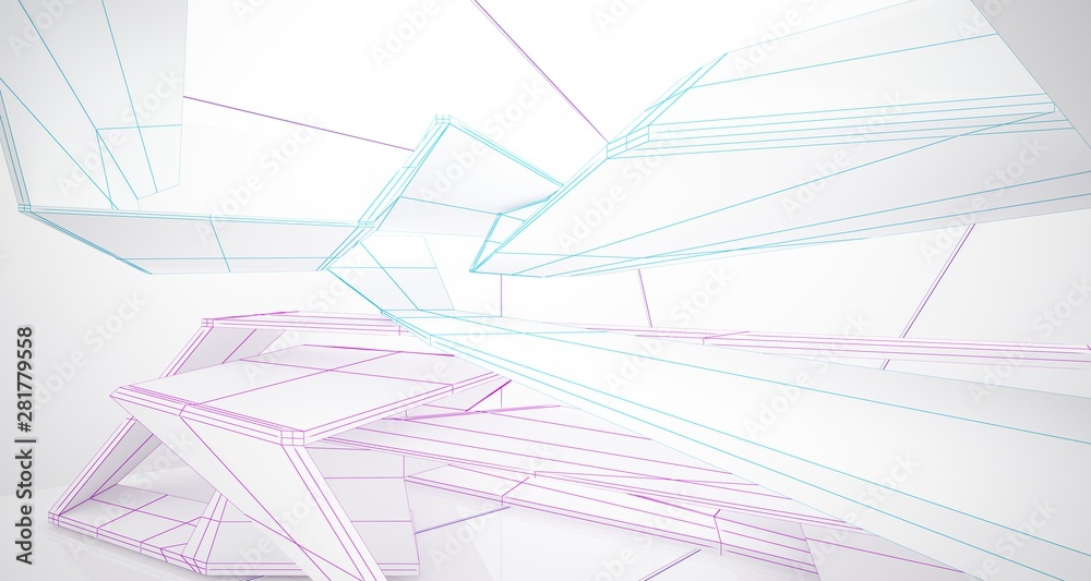 Abstract architectural white interior of a minimalist house with large windows. Drawing. 3D illustration and rendering. Abstract architectural white interior of a minimalist house with large windows. Drawing. 3D illustration and rendering.