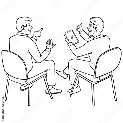 Rear view of two businessmen sitting on chairs happily discussing something. tablet, workshop, vector, monochrome, outline, character.