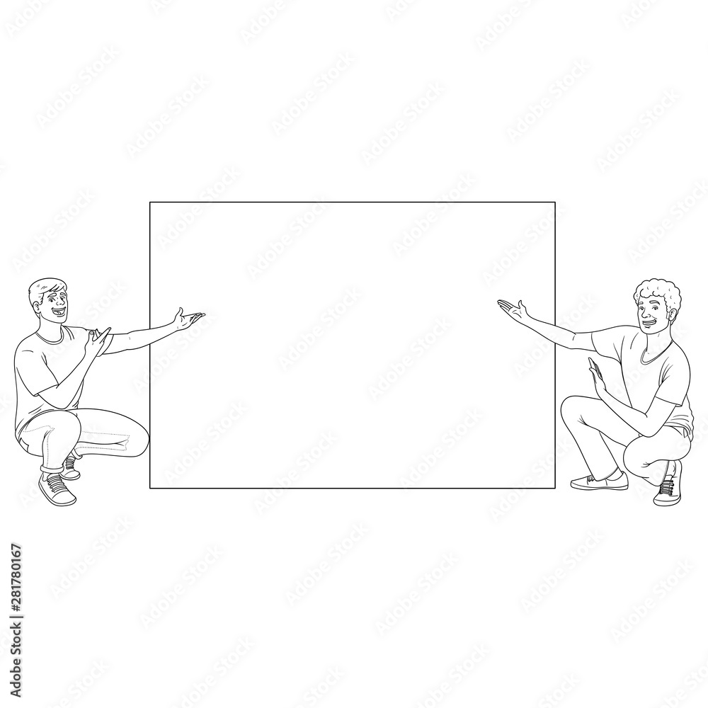 Outline illustration of two men sitting in squat and pointing with hands on a blank white board. Room for text. Presentation, illustration, outline. Outline illustration of two men sitting in squat and pointing with hands on a blank white board. Room for text. Presentation, illustration, outline.