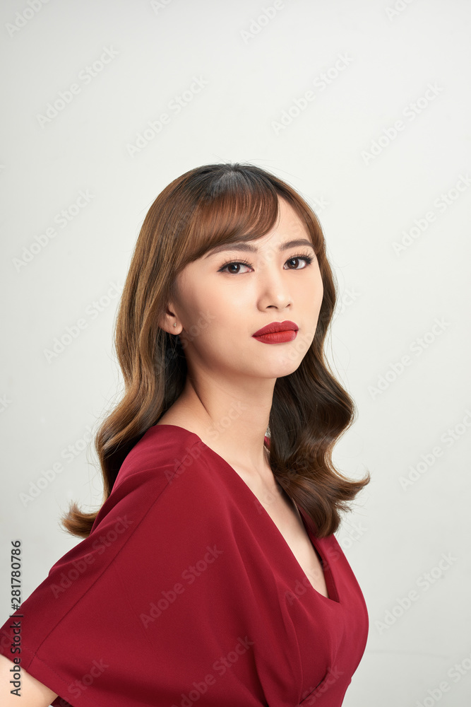 Asian beautiful woman with red lipstick isolated on white background. Asian beautiful woman with red lipstick isolated on white background.