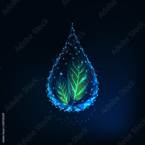 Futuristic glowing transparent low polygonal water drop with green leaves.