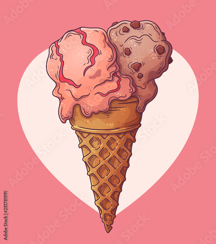 Vector. Two balls of ice cream in one waffle cone.