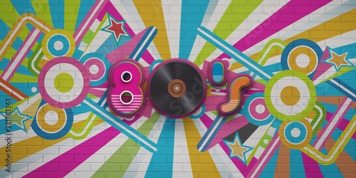 80s Disco Party on Colorful brick wall banner. 3D Render Illustration
