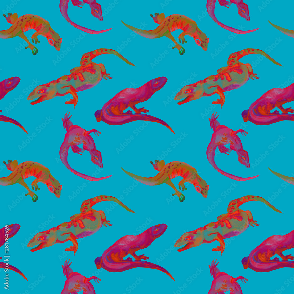 Naklejka premium Hand drawn neon color Lizards in seamless pattern. Psychedelic illustration of reptile toxic color on blue background. Design for backgrounds, packaging, textile, covers, party craft.