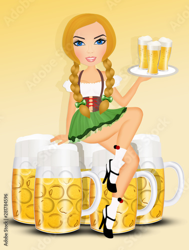 illustration of blond woman with beer mugs for Oktoberfest