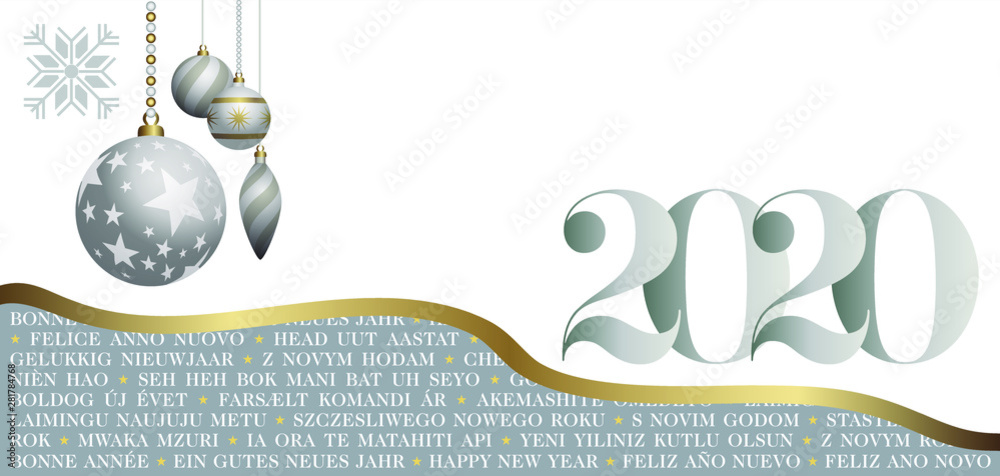 Carte de VŒUX 2020 Multi Langues décorée de symboles et de boules de Noël -  illustration vectorielle argent - traduction texte : bonne année. Stock  Vector