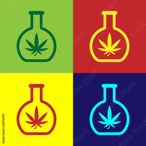 Color Chemical test tube with marijuana or cannabis leaf icon isolated on color background. Research concept. Laboratory CBD oil concept. Vector Illustration