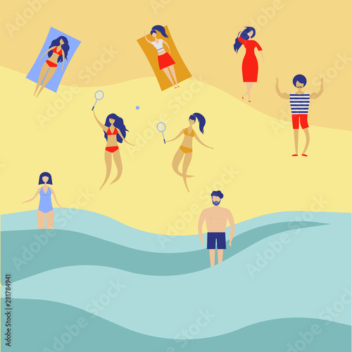 Vector background with various peoples male, female playing on the beach. Summer outdoor activities. Sand beach and people on vacation sea illustration