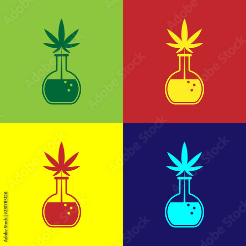 Color Chemical test tube with marijuana or cannabis leaf icon isolated on color background. Research concept. Laboratory CBD oil concept. Vector Illustration