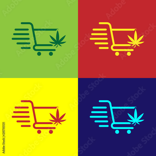 Color Shopping cart with marijuana or cannabis leaf icon isolated on color background. Online buying. Delivery service. Supermarket basket. Vector Illustration