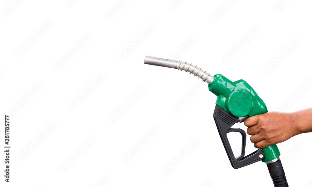 Hand holding gas nozzle with one last drop. A man holding a green gasoline nozzle on a white background. hands of men who were holding an automatic nozzle to make refill oil. Hand holding gas nozzle with one last drop. A man holding a green gasoline nozzle on a white background. hands of men who were holding an automatic nozzle to make refill oil.