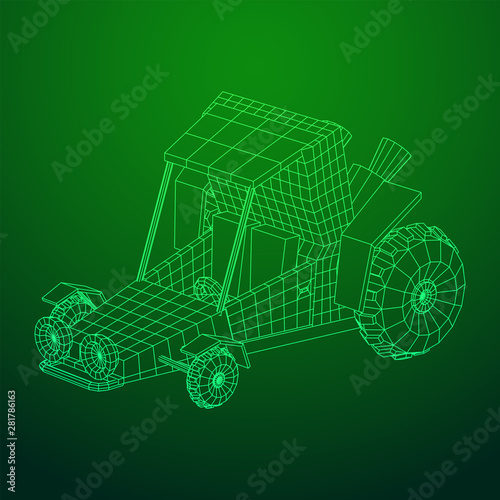 Off road dune buggy car. Terrain vehicle. Outdoor car racing, extreme sport concept. Wireframe low poly mesh vector illustration