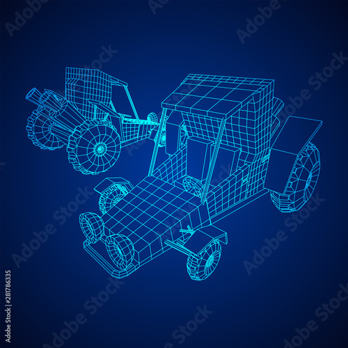 Off road dune buggy car. Terrain vehicle. Outdoor car racing, extreme sport concept. Wireframe low poly mesh vector illustration