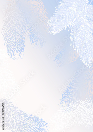 Greeting card or advertisement transparent- in the frame of the window is a delicate fluff of angel wings, white feathers on a blue and pink background with a place for inscription