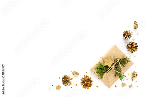 Christmas card. Background with gift and pine cones.