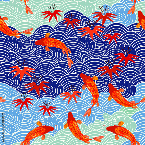 Carp, red fish, goldfish. Traditional eastern seamless pattern. Waves pattern. Vector.