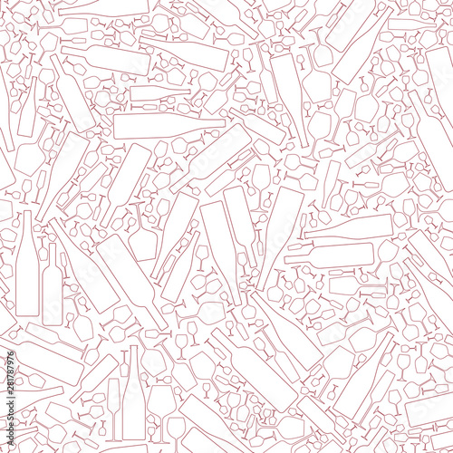 Wine background with bottles and wineglasses. Design element in modern line style for tasting, menu, wine list,  restaurant, winery, shop.