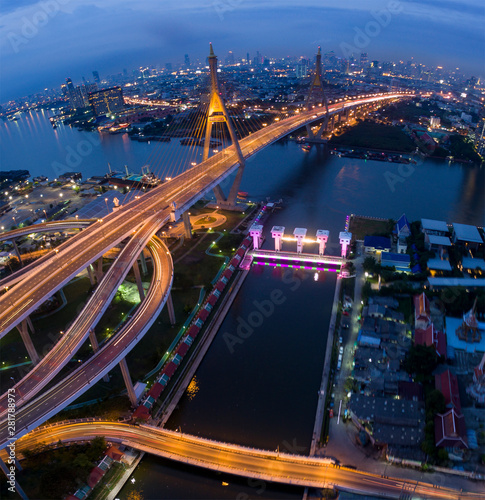 aerial view of bhumibol bridge at dusk in bangkok thailand