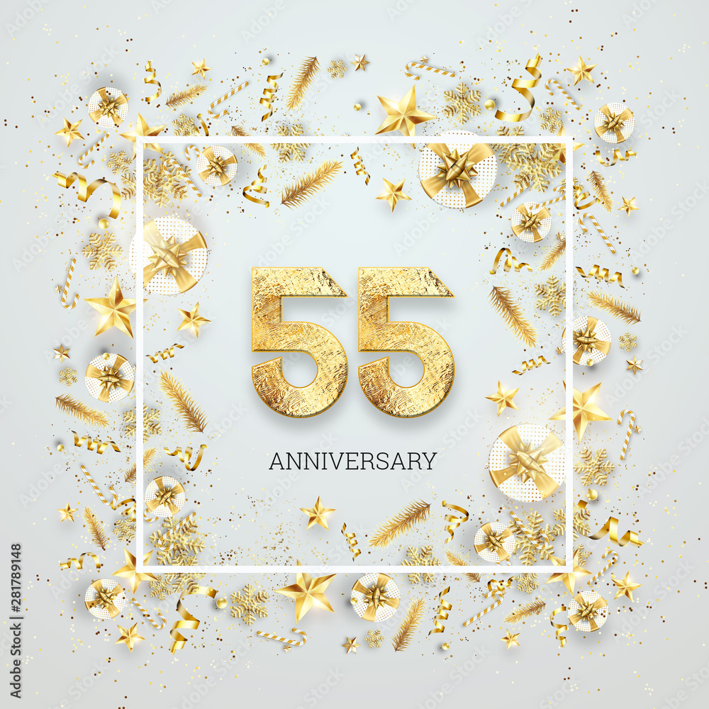 Creative background, 55th anniversary. Celebration of golden text and confetti on a light background with numbers, frame. Anniversary celebration template, flyer. 3D illustration, 3D render Creative background, 55th anniversary. Celebration of golden text and confetti on a light background with numbers, frame. Anniversary celebration template, flyer. 3D illustration, 3D render