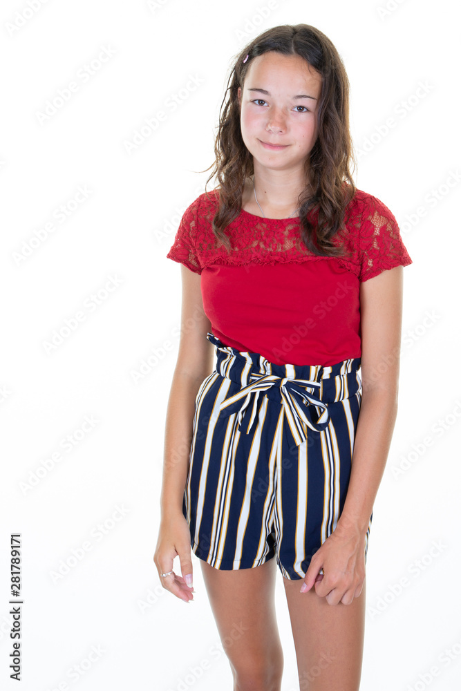 Young teen girl slim body and fashion style summer on white background standing Young teen girl slim body and fashion style summer on white background standing